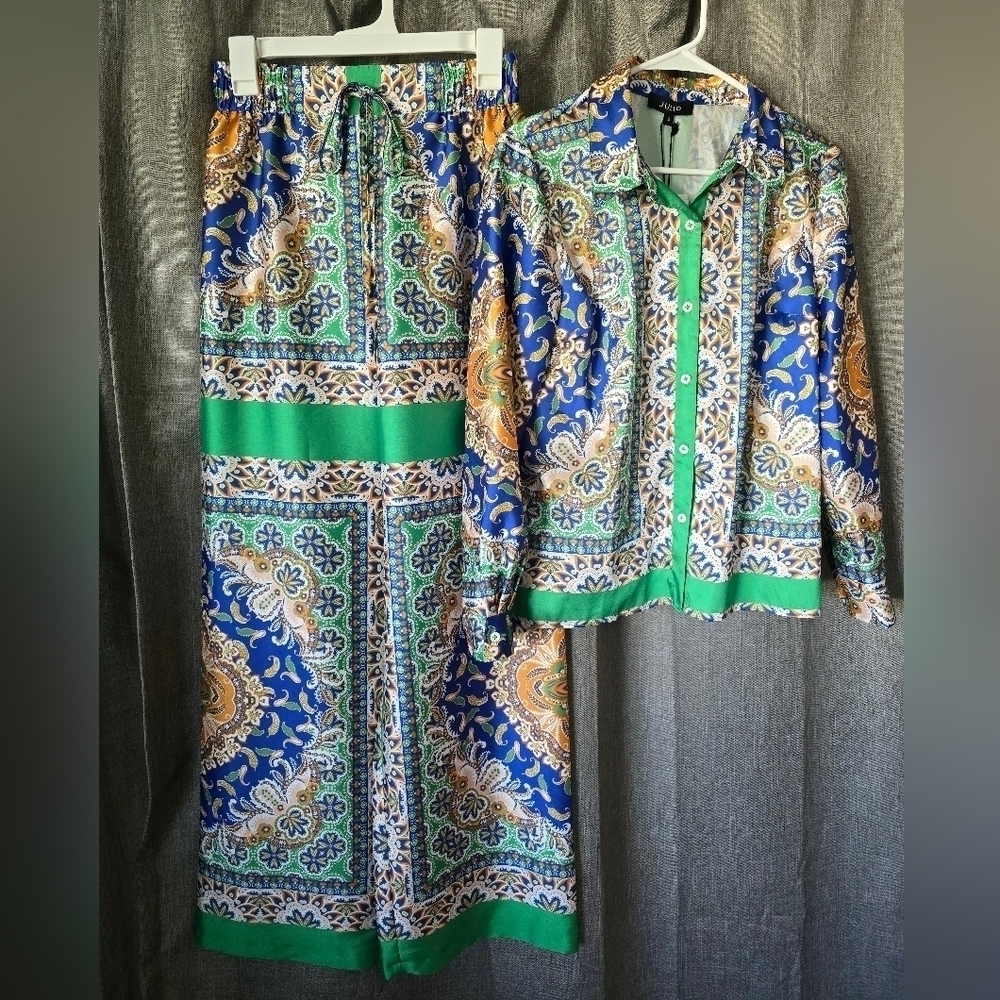 Julio Satin Set Green Scarf Print Button Down Top Wide Leg Pants Sz 4 Mexican